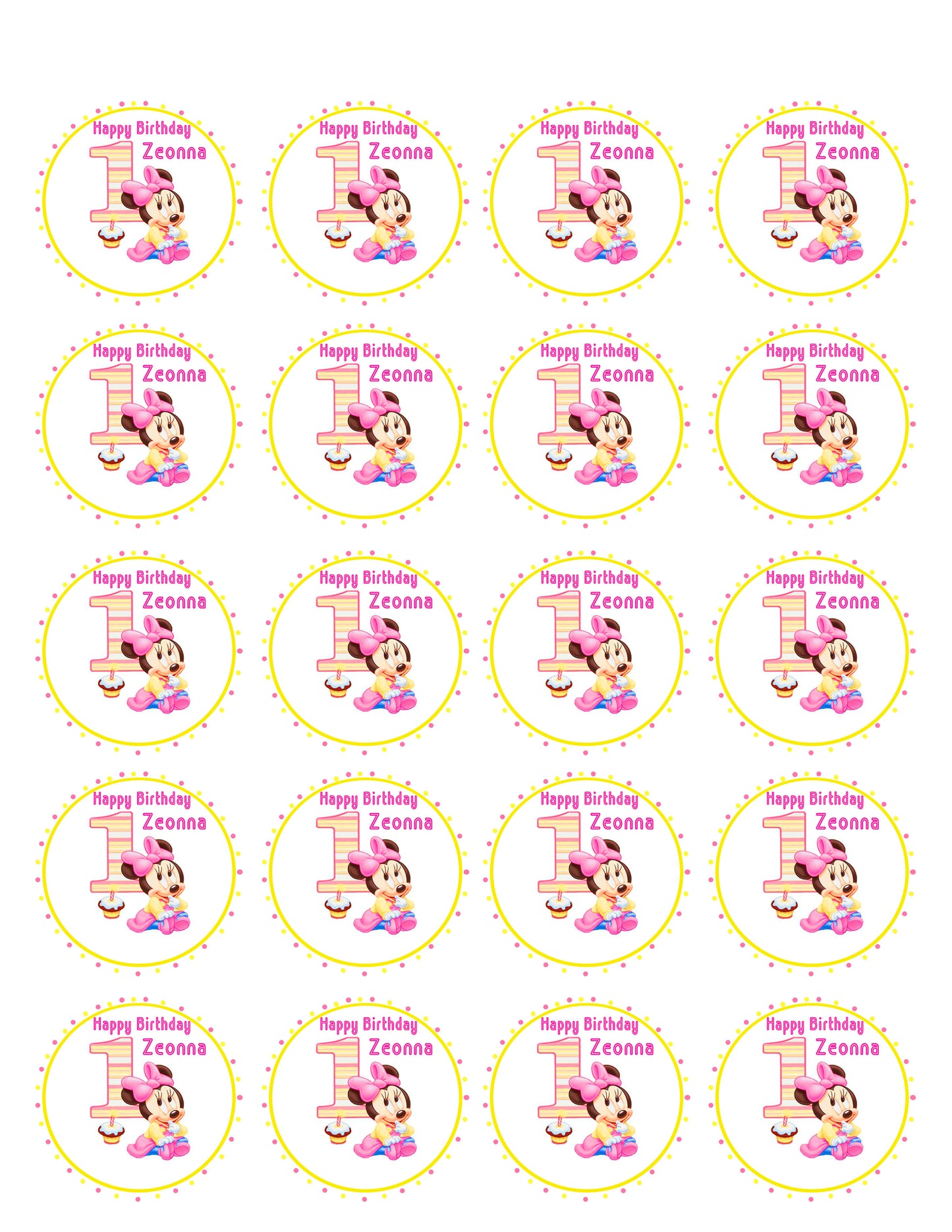 BABY MINNIE MOUSE 1st Birthday - Edible Cake Topper, Cupcake Toppers, Strips