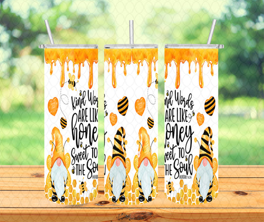 Bee Kind Gnomes Tumbler Press and Coasters Tumbler Gnomes 20 oz Tumbler Tumbler with Lid and Straw, Insulated Skinny Tumbler, 20 oz Water Cup