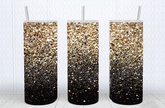 Black and Gold Glitter Tumbler with Lid and Straw, Insulated Skinny Tumbler, 20 oz Water Cup