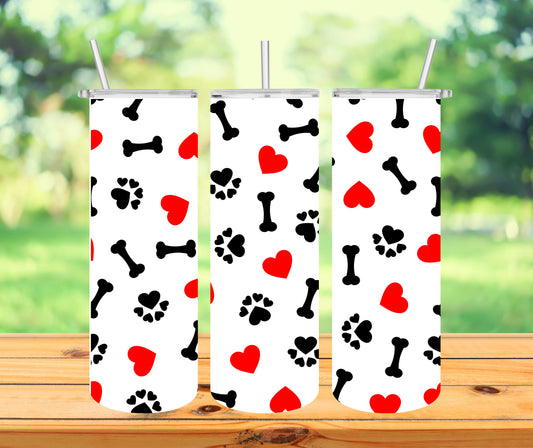 Cute Dog Bone, Paw Print Tumbler with Lid and Straw, Insulated Skinny Tumbler, 20 oz Water Cup