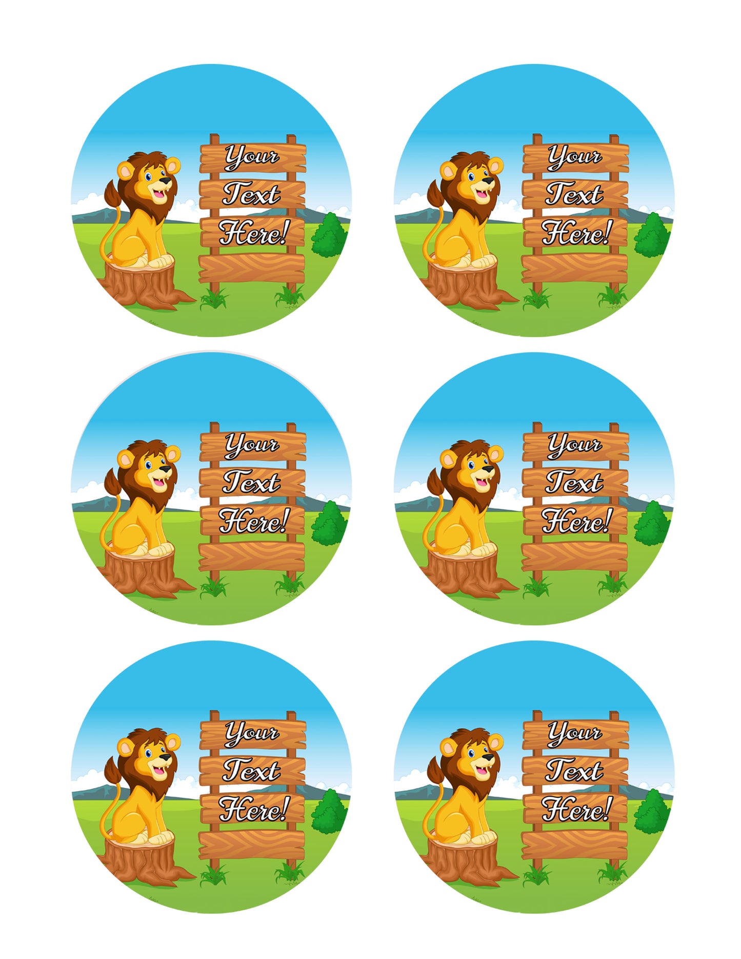 Cute Lion Cartoon with Wooden Sign - Edible Cake Topper, Cupcake Toppers, Strips