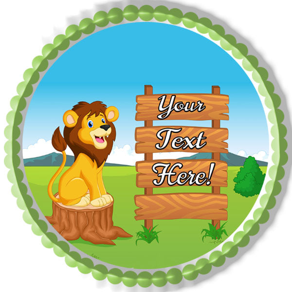 Cute Lion Cartoon with Wooden Sign - Edible Cake Topper, Cupcake Toppers, Strips