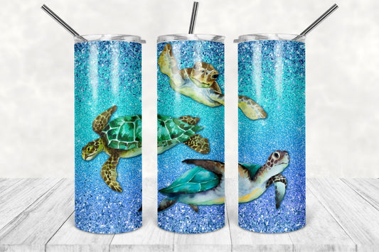 Sea Turtles Sublimation Tumbler, Glitter Ocean 20oz Skinny Tumbler with Lid and Straw, Insulated Skinny Tumbler, 20 oz Water Cup