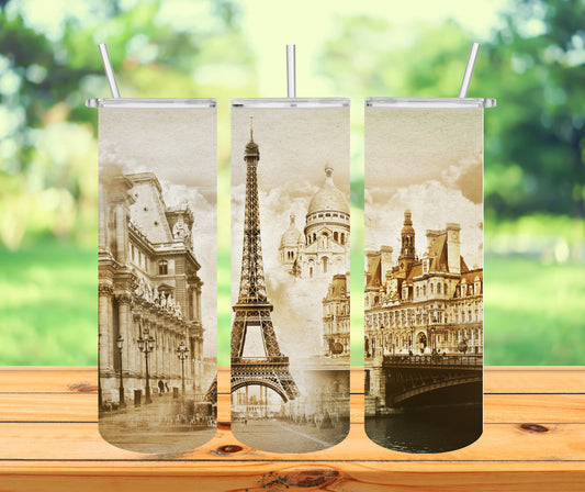 Paris Memories Tumbler with Lid and Straw, Insulated Skinny Tumbler, 20 oz Water Cup