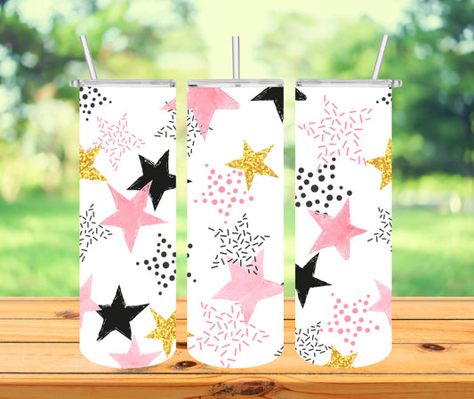 Pink and Glittering Golden Stars Tumbler with Lid and Straw, Insulated Skinny Tumbler, 20 oz Water Cup