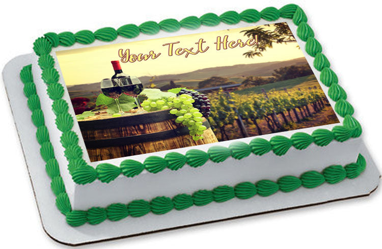 Red Wine with Barrel on Vineyard - Edible Cake Topper, Cupcake Toppers, Strips
