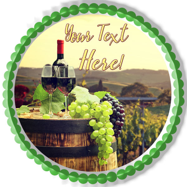 Red Wine with Barrel on Vineyard - Edible Cake Topper, Cupcake Toppers, Strips