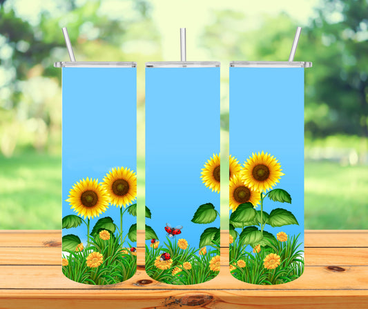 Sunflower Field Tumbler with Lid and Straw, Insulated Skinny Tumbler, 20 oz Water Cup