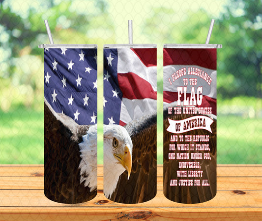 American Pledge, Eagle, American Flag, Patriotic Tumbler with Lid and Straw, Insulated Skinny Tumbler, 20 oz Water Cup