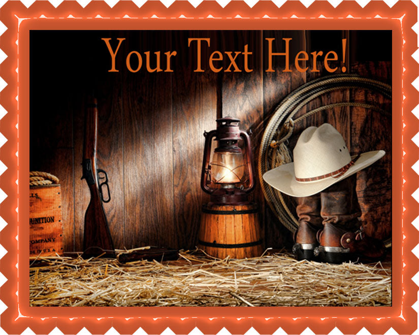 American West Rodeo Old Ranching Tools in a Barn - Edible Cake Topper, Cupcake Toppers, Strips