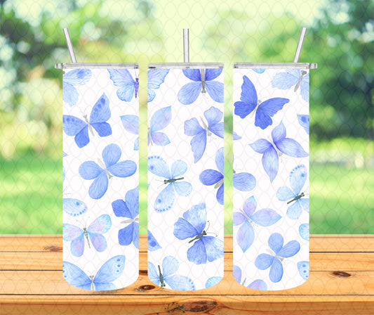 Blue Butterflies Tumbler with Lid and Straw, Insulated Skinny Tumbler, 20 oz Water Cup