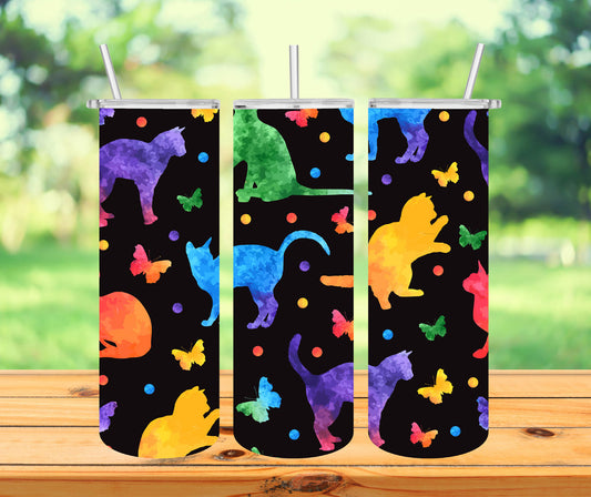 Cats and Butterflies Tumbler with Lid and Straw, Insulated Skinny Tumbler, 20 oz Water Cup