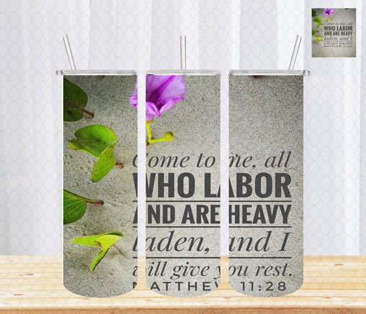 Come to Me with Bible Verse for Christianity with Lid and Straw, Insulated Skinny Tumbler, 20 oz Water Cup