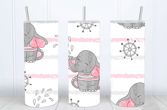 Cute Sailor Elephants Tumbler with Lid and Straw, Insulated Skinny Tumbler, 20 oz Water Cup