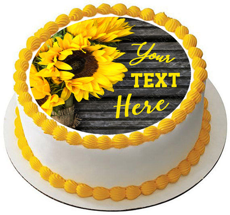 Yellow Sunflower Bouquet on Wooden Rustic (Nr2) - Edible Cake Topper, Cupcake Toppers, Strips